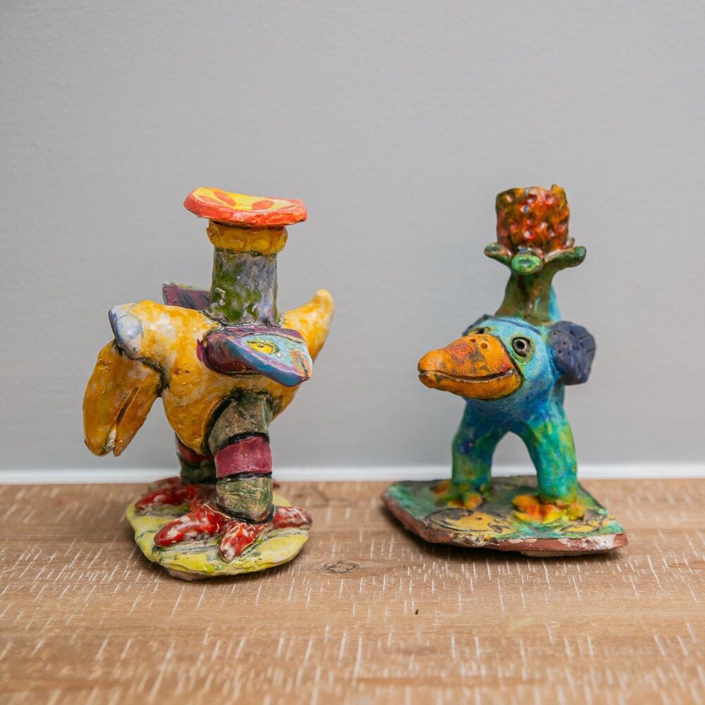 Hand Painted Folk Art Bird Figurines Pair Colorful Ceramic